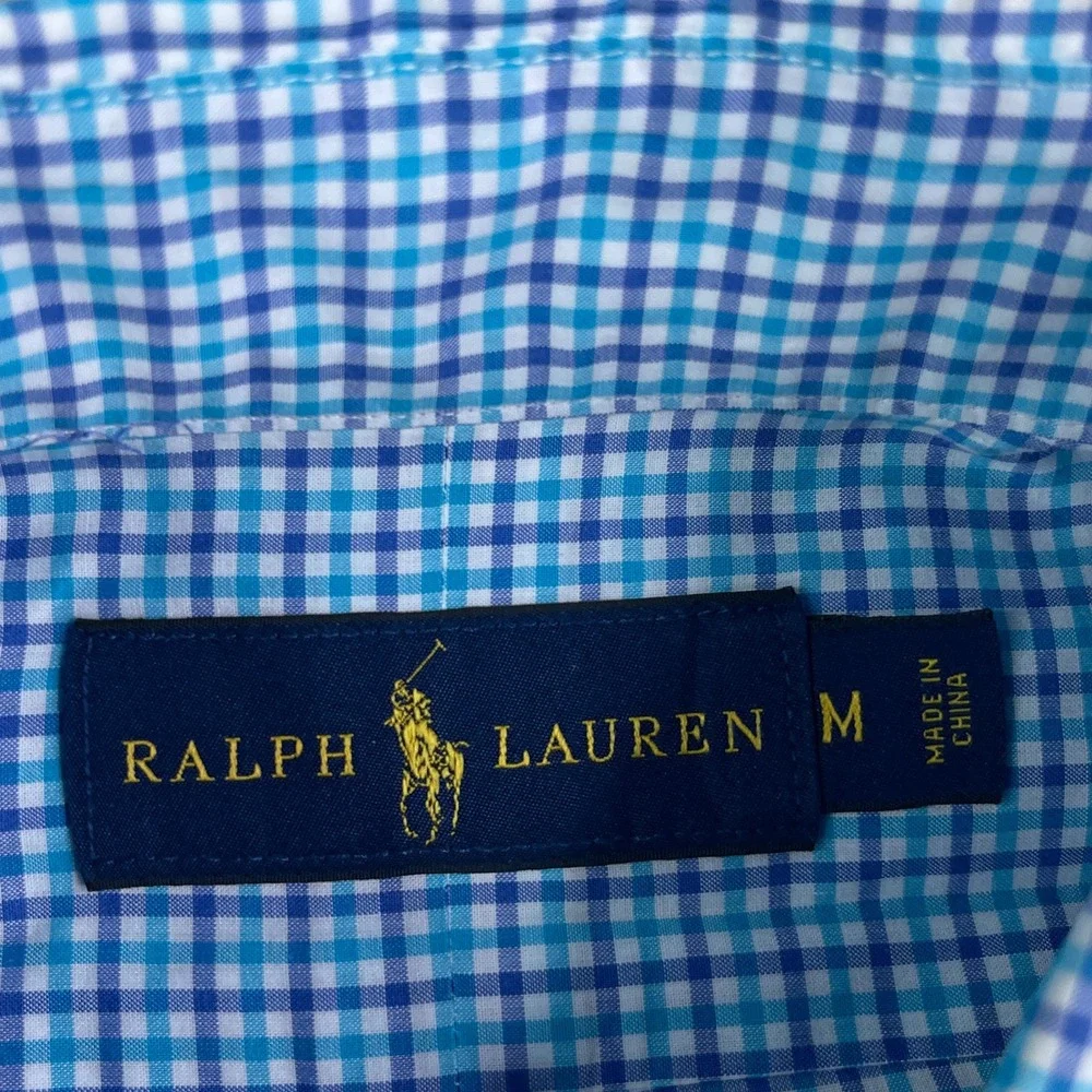 Ralph Lauren Shirt Mens Medium Blue Gingham Button Down Long Sleeve Cotton Pony